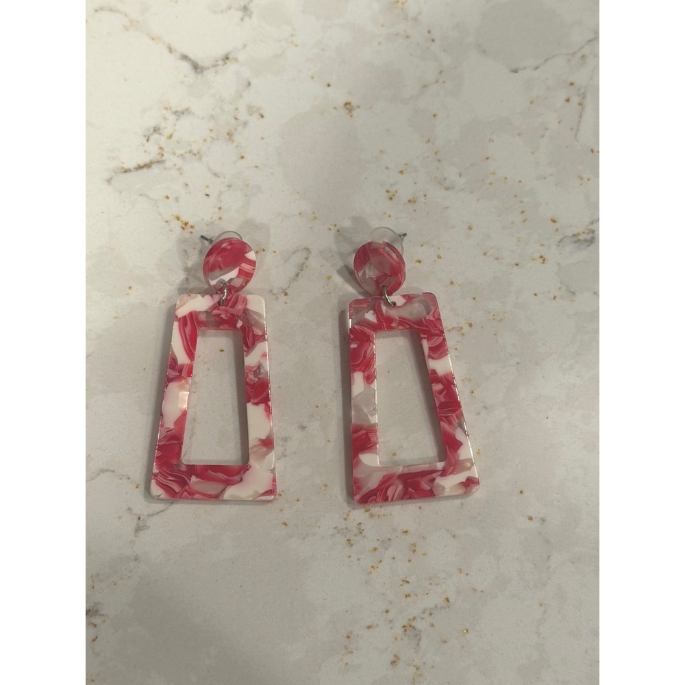 Pink White Marbled Acrylic Geometric Rectangle Drop Dangle Earrings Unworn